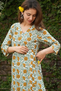 Handmade Diya Angrakha Kurta in yellow floral block print