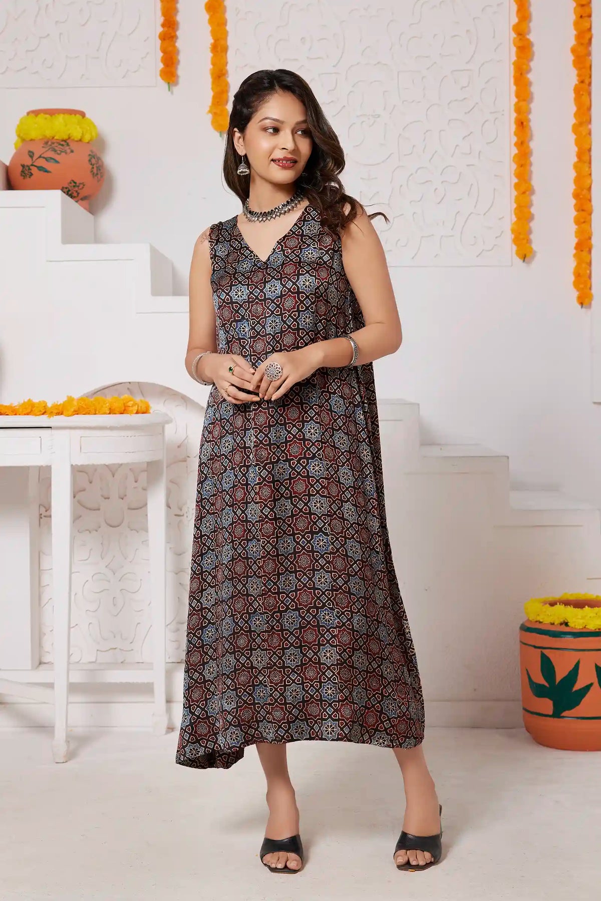 Aabha Handcrafted Ajrakh Modal Silk Dress