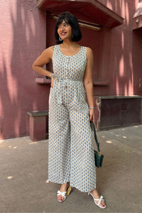 Zahra Hand Block Printed Yellow Palash Jumpsuit for Women