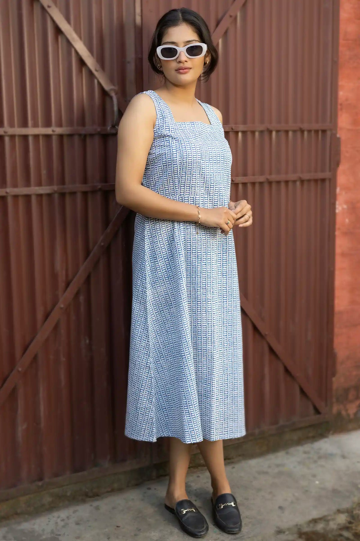Artisan-made sleeveless blue dress with traditional hand block printing