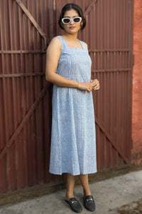 Artisan-made sleeveless blue dress with traditional hand block printing