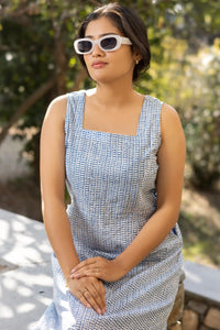 Blue sleeveless midi dress with intricate hand block prints – Avni artisan wear