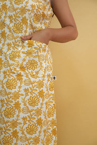 Custom yellow sheath dress with delicate dahlia patterns - handmade design