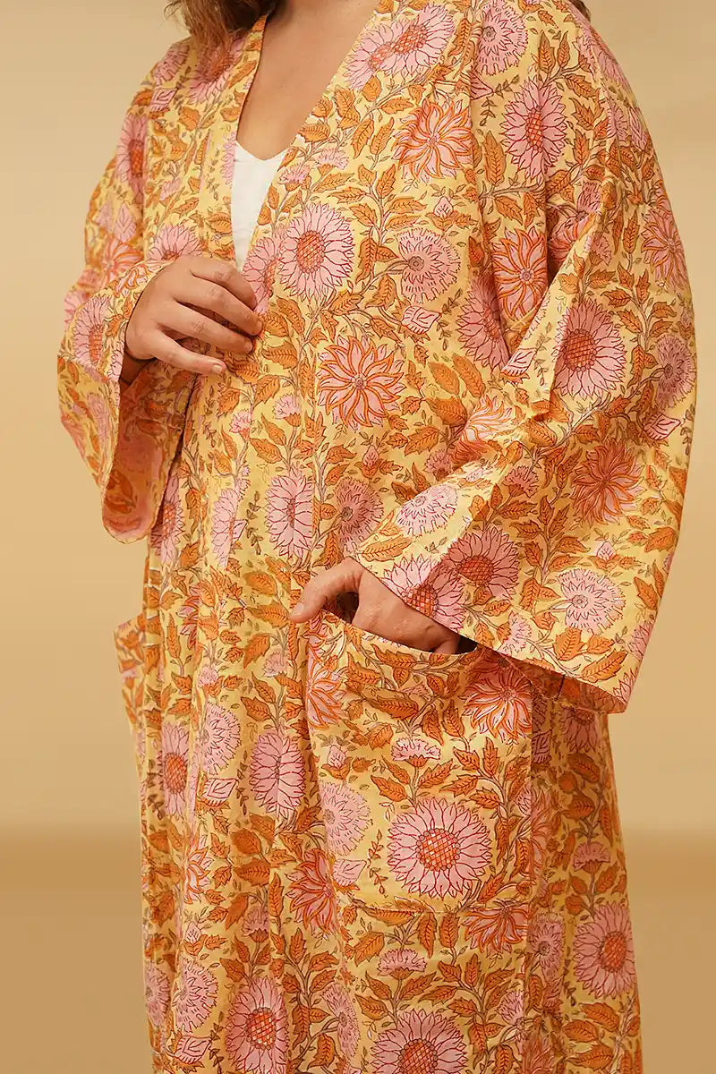 Moye Sunflower Hand Block Printed Kimono