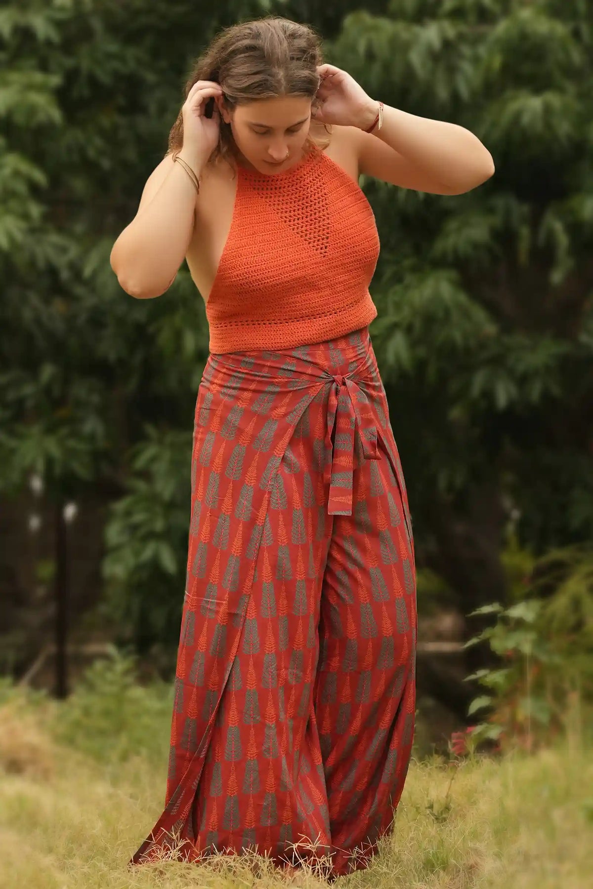 Sustainable Lyla Rust Red Wrap Pant – artisan-made fashion India