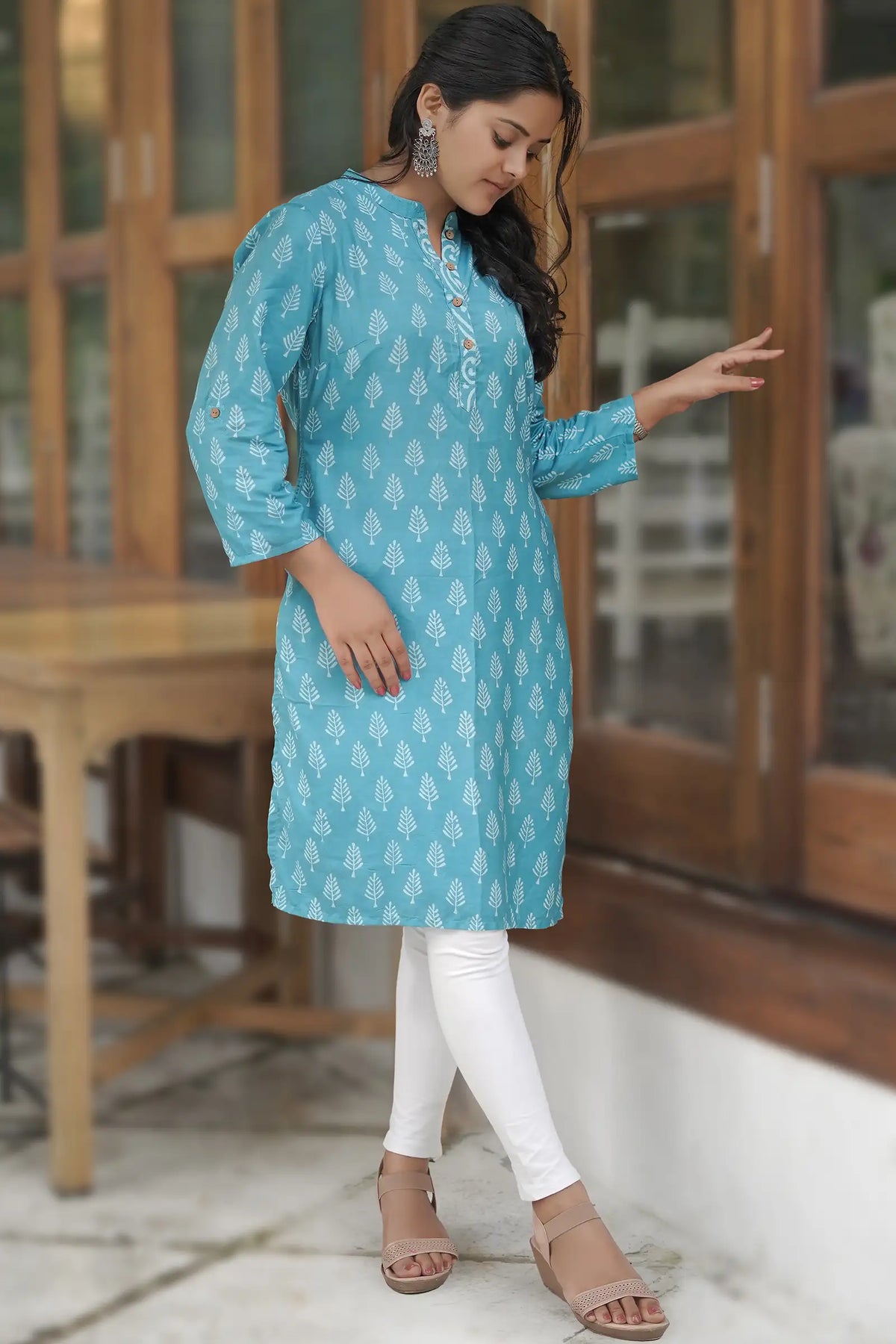 Nitya Cotton Silk Teal Kurti with handcrafted details