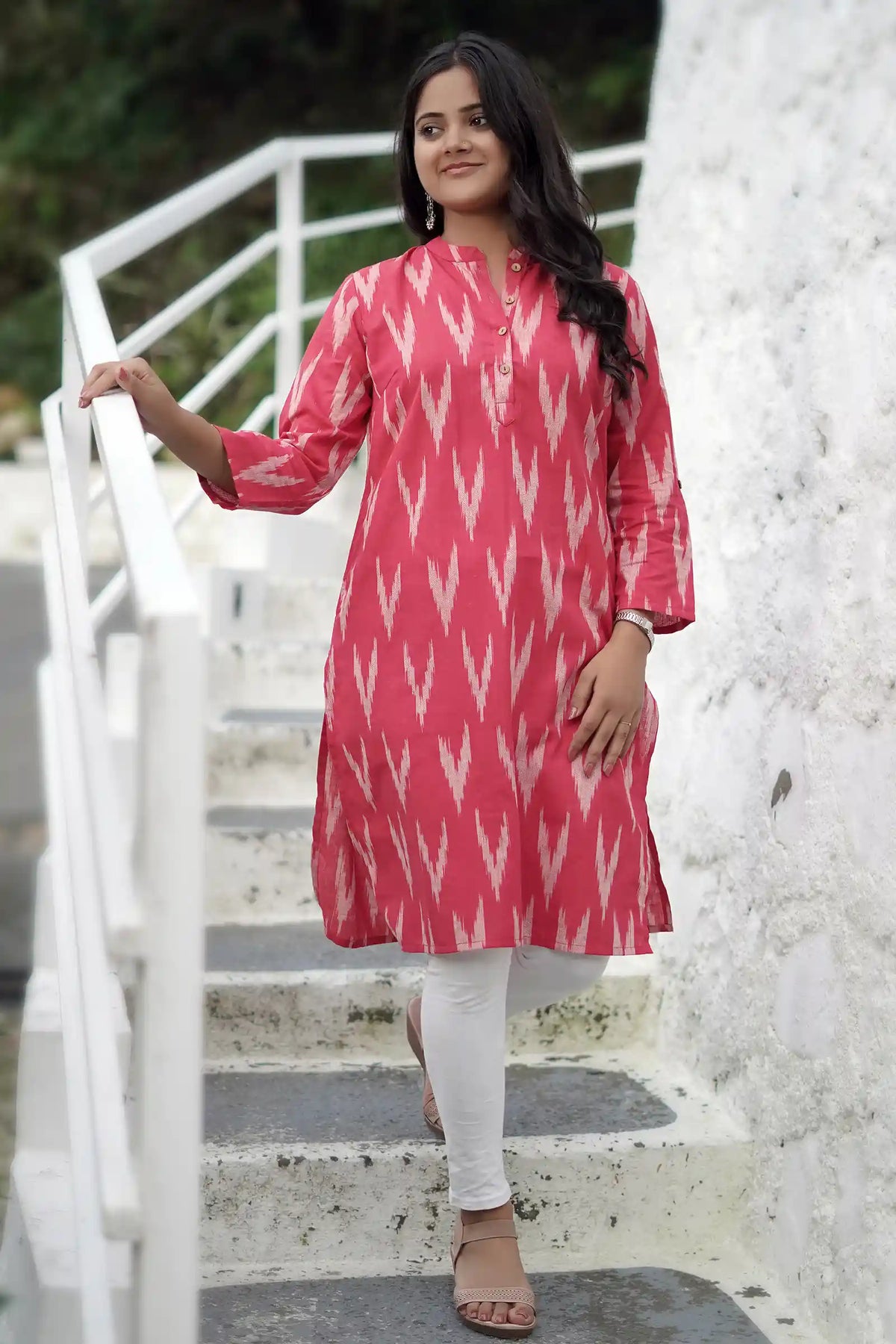 Nitya Roll Up Sleeve Red Ikkat Kurti for women