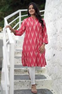 Nitya Roll Up Sleeve Red Ikkat Kurti for women