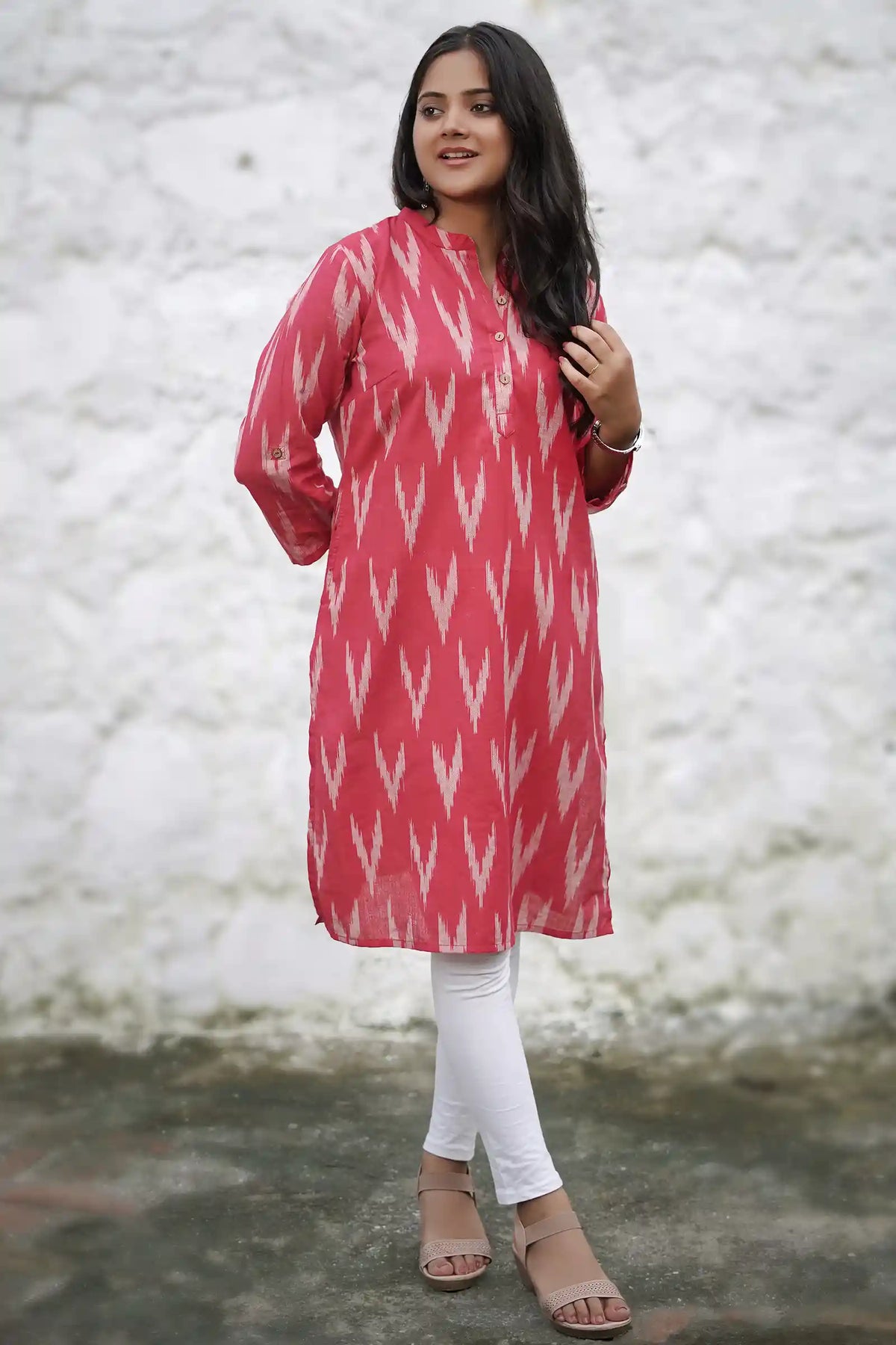 Stylish red ikkat kurti with roll up sleeves