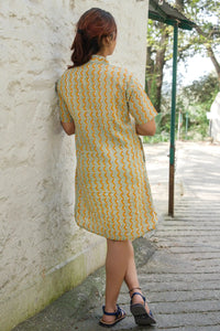 Premium cotton handmade dress in green geometric design