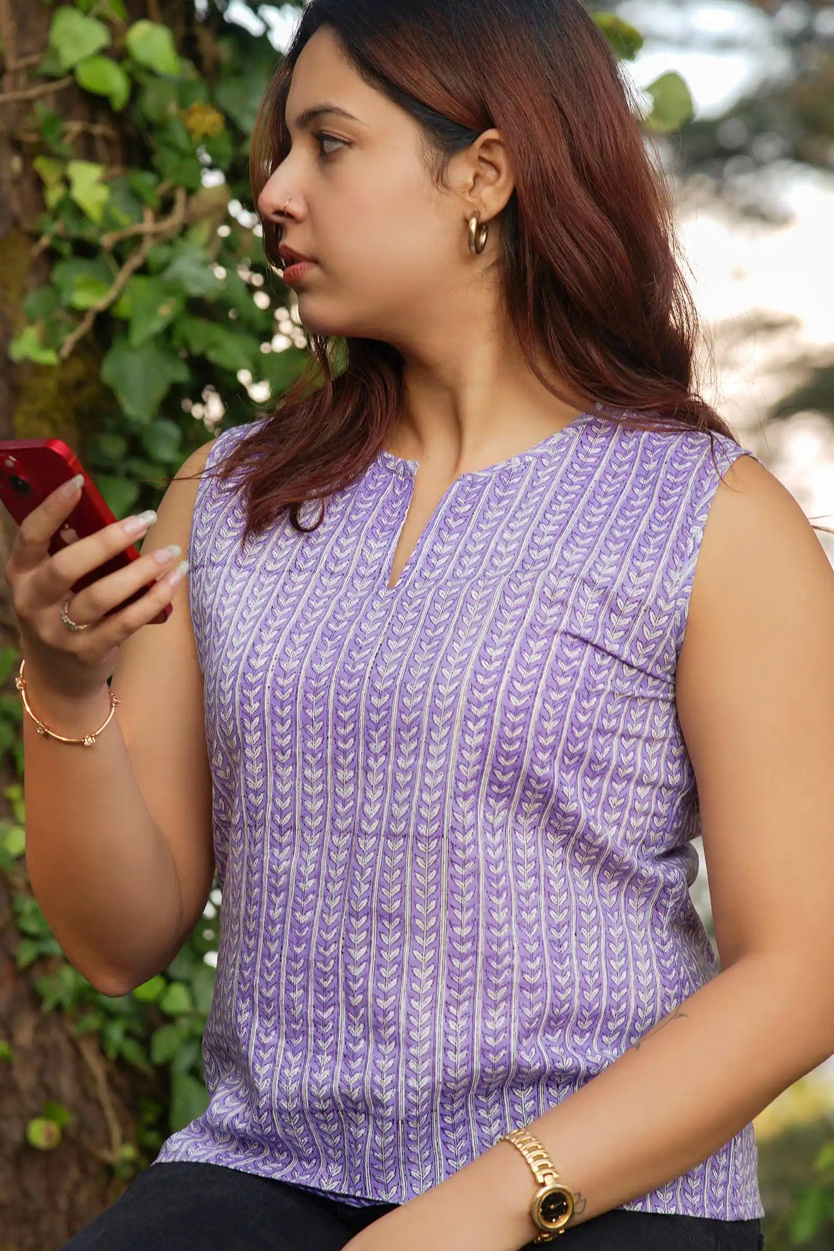 Nova violet top with traditional hand block print details