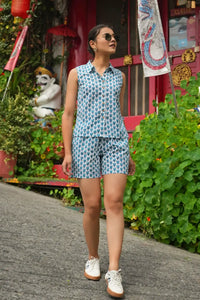 Ela Hand Block Printed Teal Lotus Co-ord Set for women