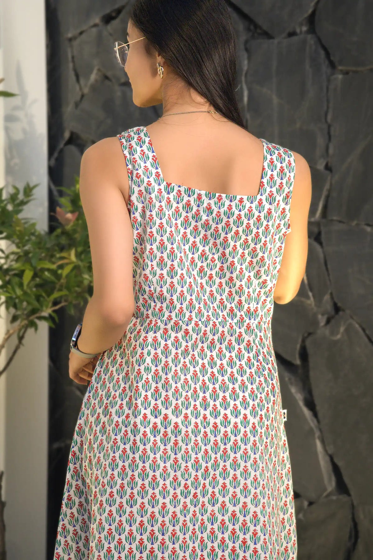 Premium handmade dress with floral block print in red