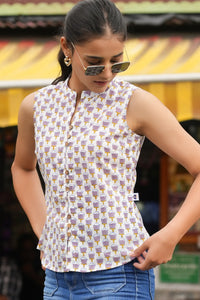 Model wearing Pihu violet lotus top with floral print