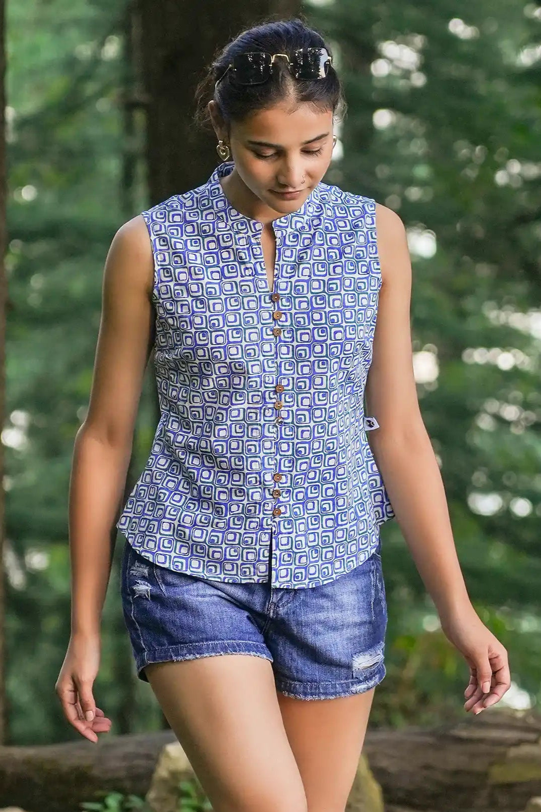 Handmade blue geometric print blouse