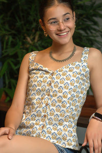 Handmade block print corset top in yellow cassia pattern