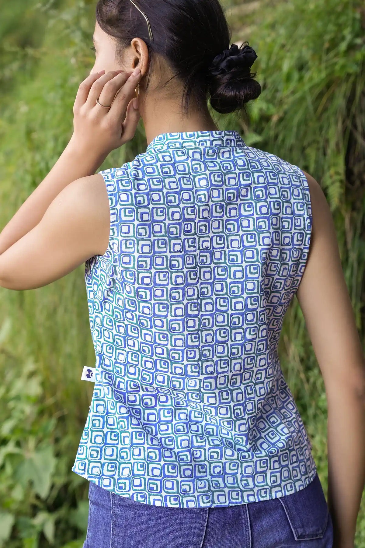 Handcrafted Pihu blue geometric printed shirt for women