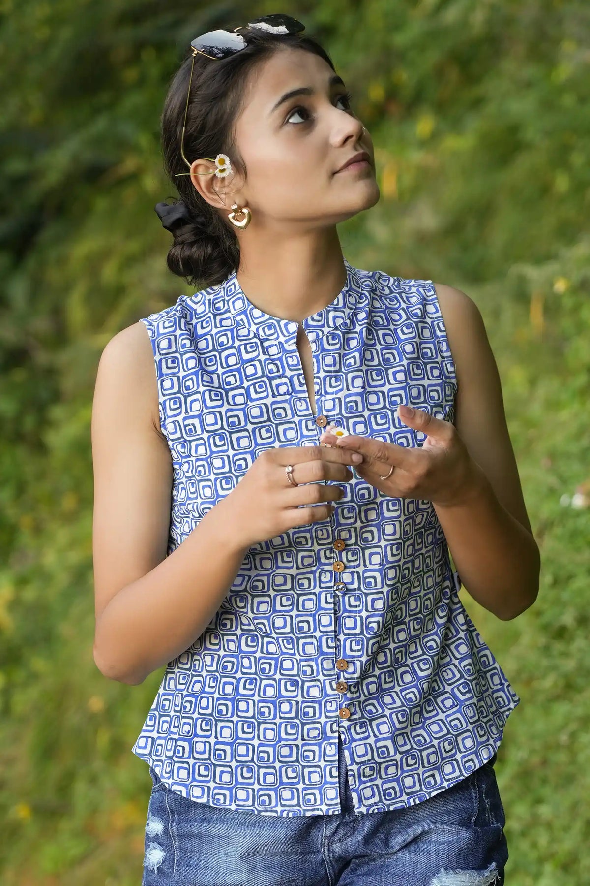 Stylish Pihu hand block printed blue shirt for ladies