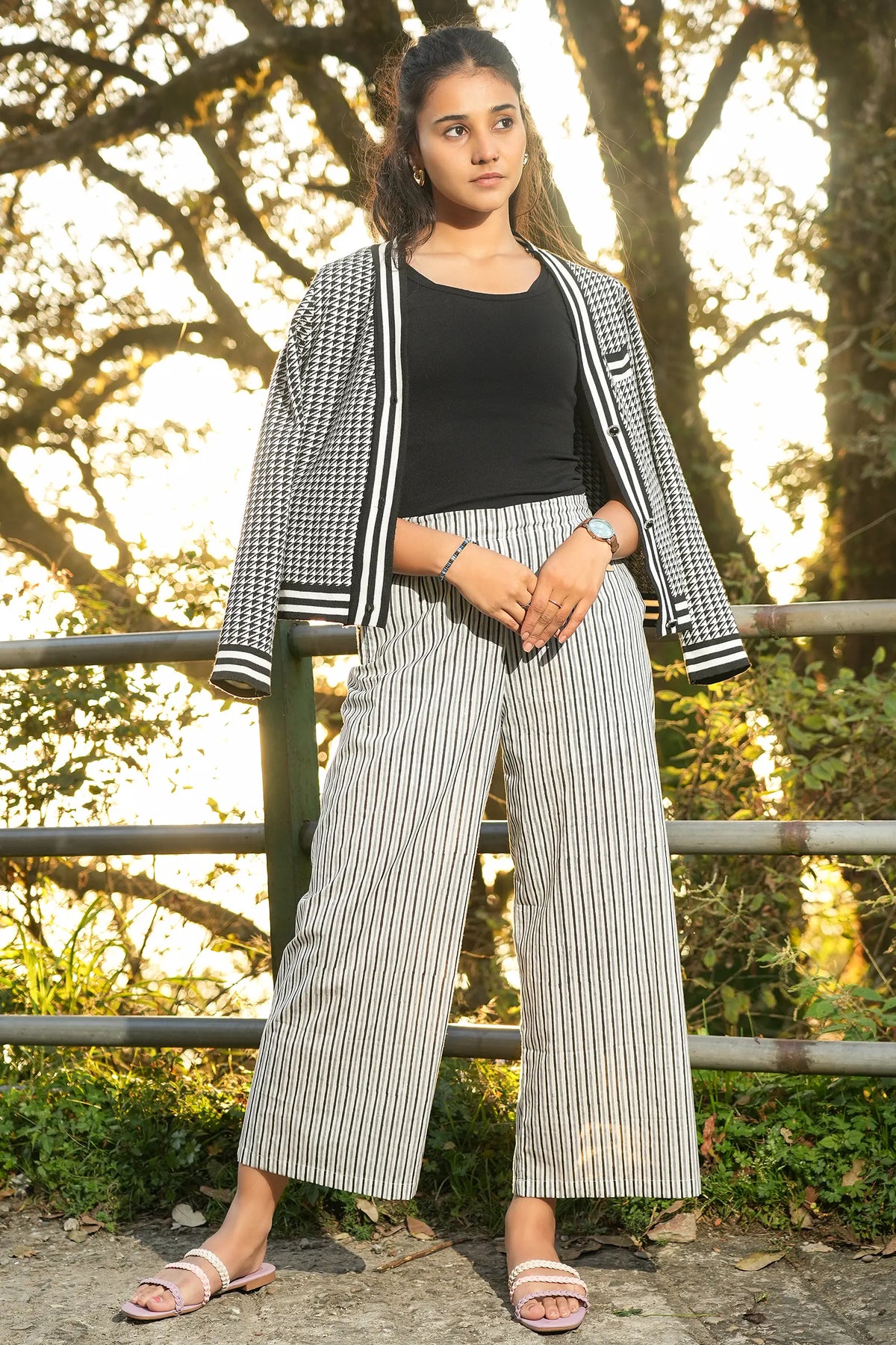 Ethically made hand block printed striped grey culottes