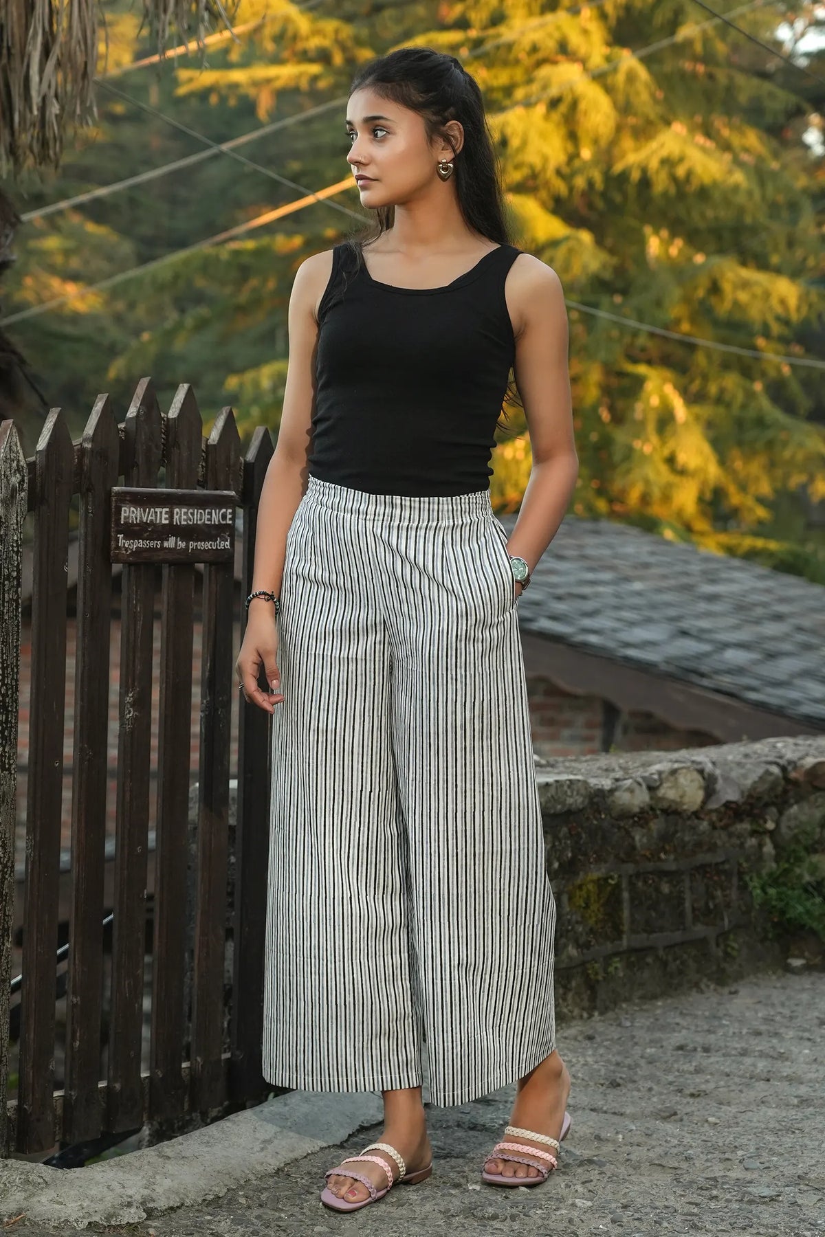 Stylish grey striped culottes with hand block print design