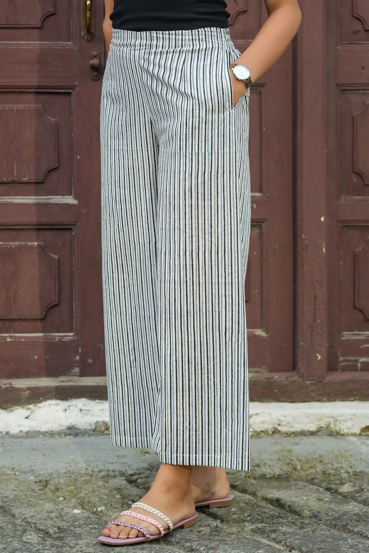 Cotton grey striped culottes with traditional hand block print