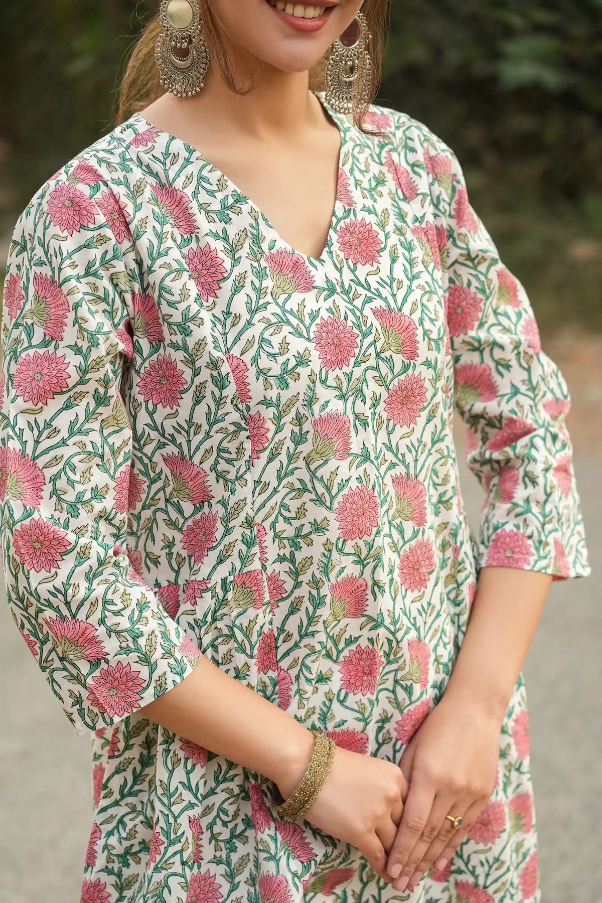 Pink dahlia floral hand block printed kali kurta online