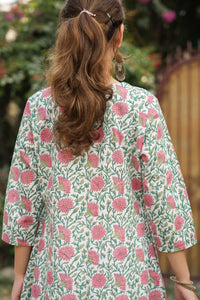 Diya cotton kali kurta with hand block pink dahlia print