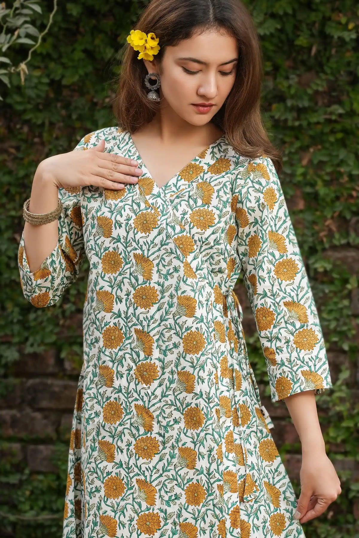 Festive wear Diya Hand Block Printed Yellow Angrakha Kurta