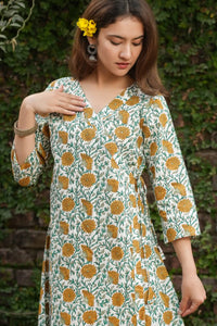 Festive wear Diya Hand Block Printed Yellow Angrakha Kurta