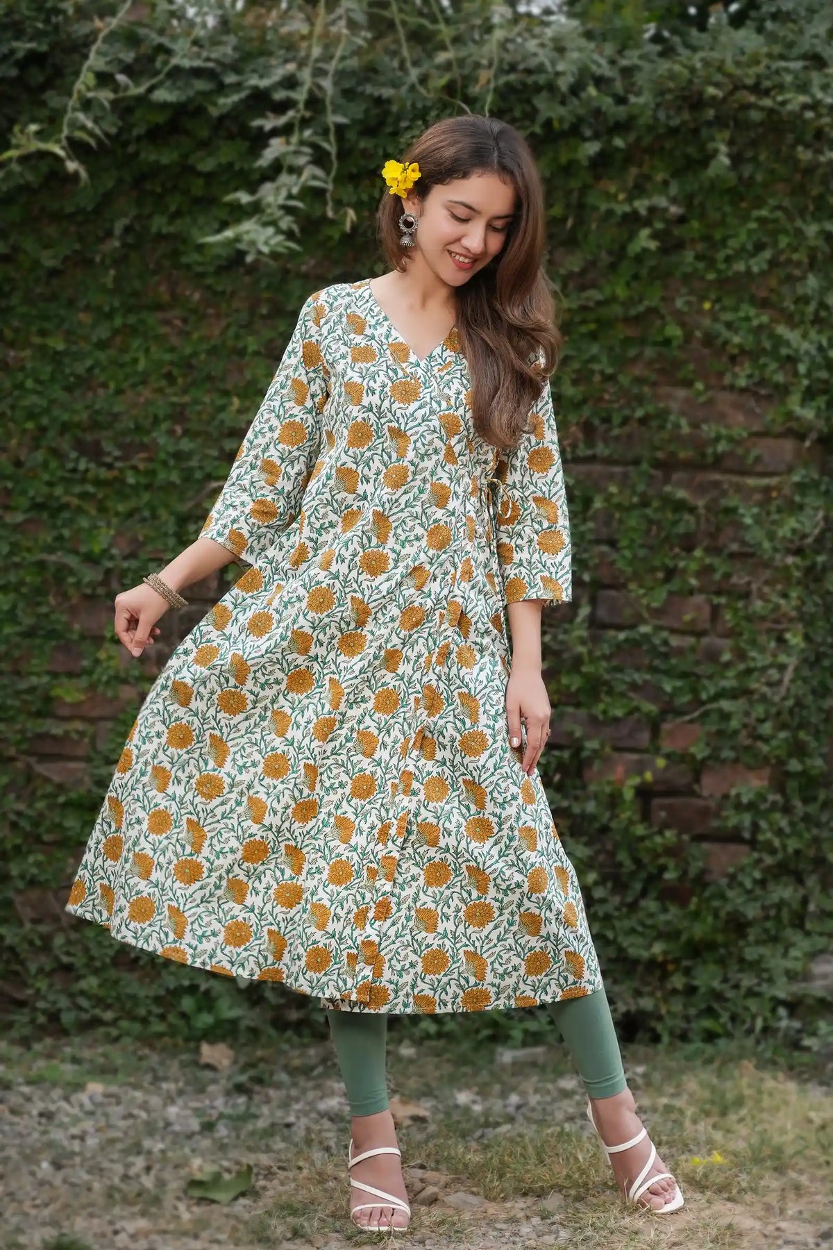 Diya Hand Block Printed Yellow Dahlia Angrakha Kurta for women