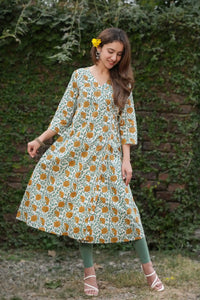 Diya Hand Block Printed Yellow Dahlia Angrakha Kurta for women