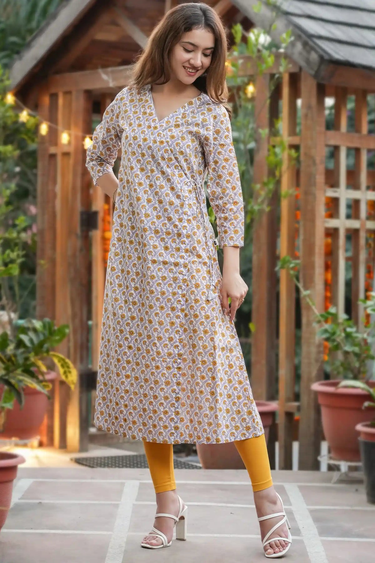 Stylish violet periwinkle hand block printed angrakha kurta online