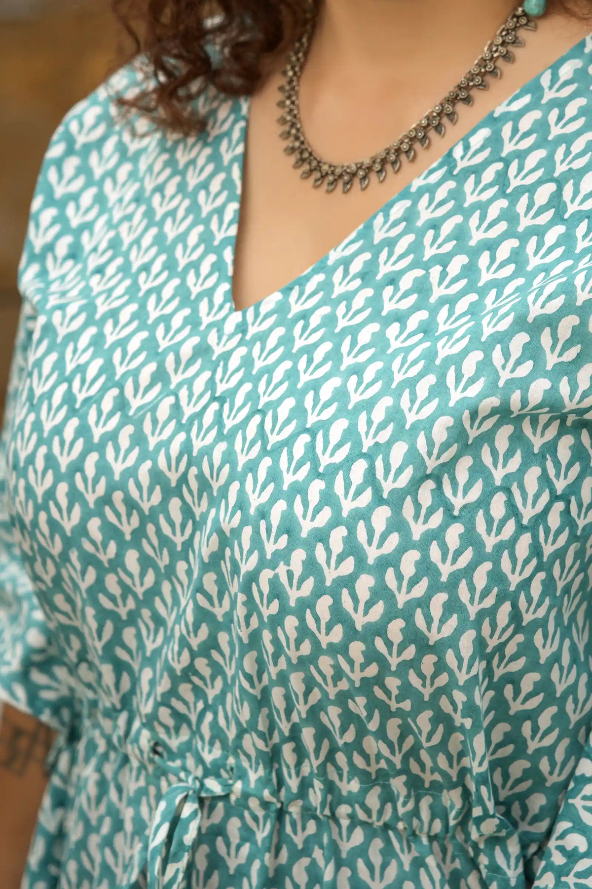Luna Hand Block Printed Teal Wrap Kaftan
