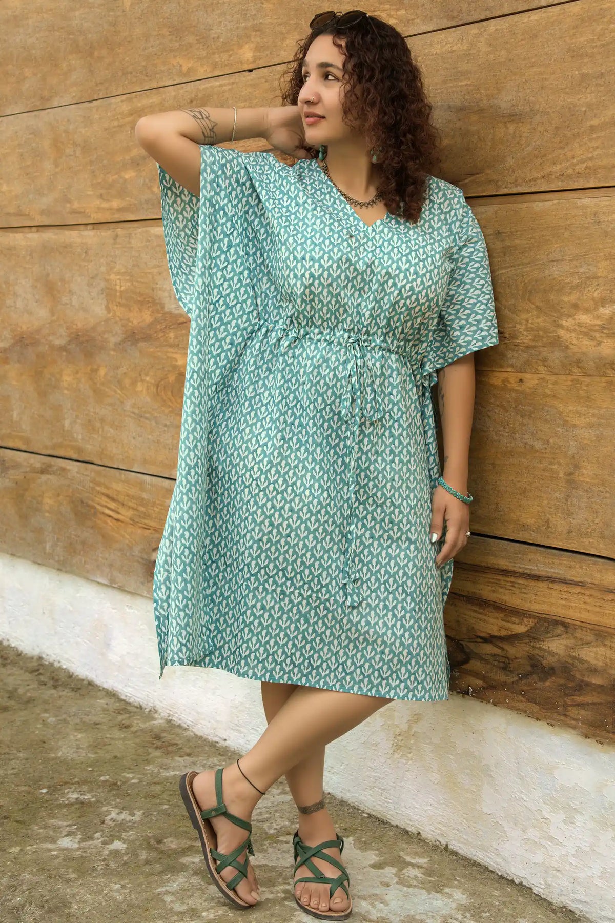 Luna Hand Block Printed Teal Wrap Kaftan