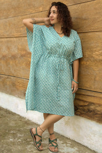 Luna Hand Block Printed Teal Wrap Kaftan