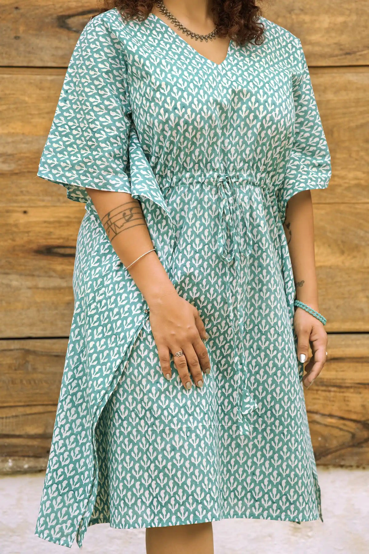 Luna Hand Block Printed Teal Wrap Kaftan