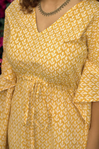 Luna Hand Block Printed Yellow Wrap Kaftan