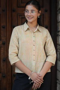 Aditi Hand Block Printed Green Striped Shirt for Women
