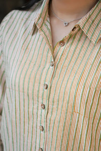 Green striped cotton shirt with hand block print