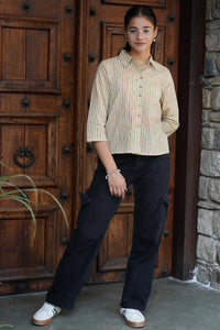 Aditi casual green striped cotton block printed shirt