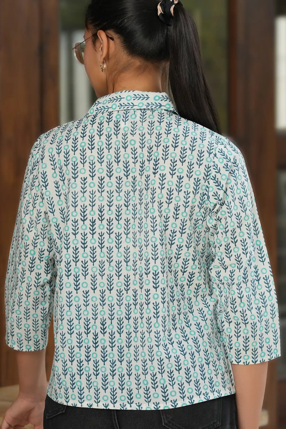 Stylish Aditi hand block printed teal cotton shirt
