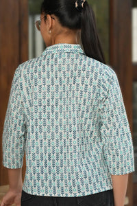 Stylish Aditi hand block printed teal cotton shirt