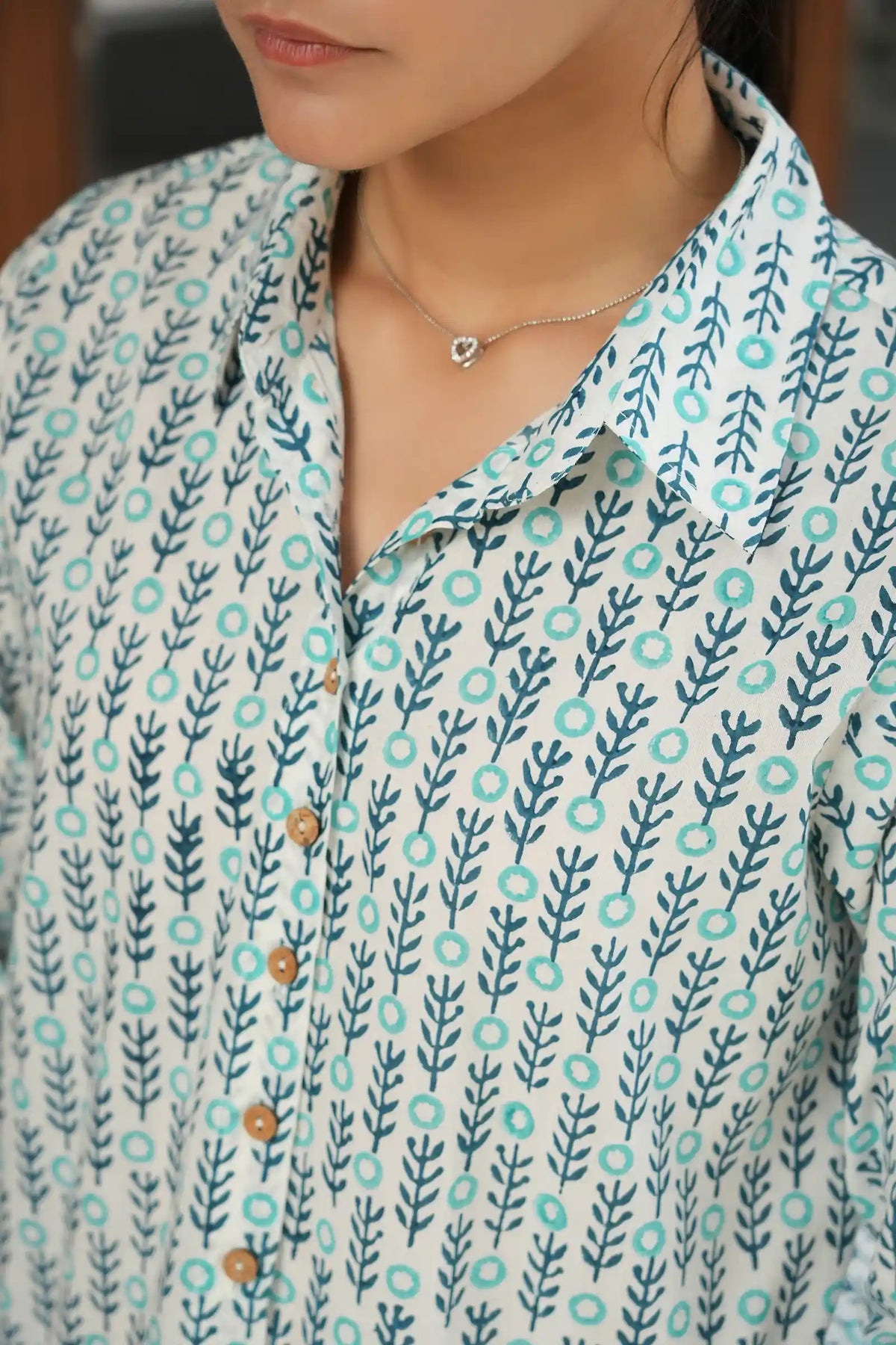 Women’s teal hand block printed shirt
