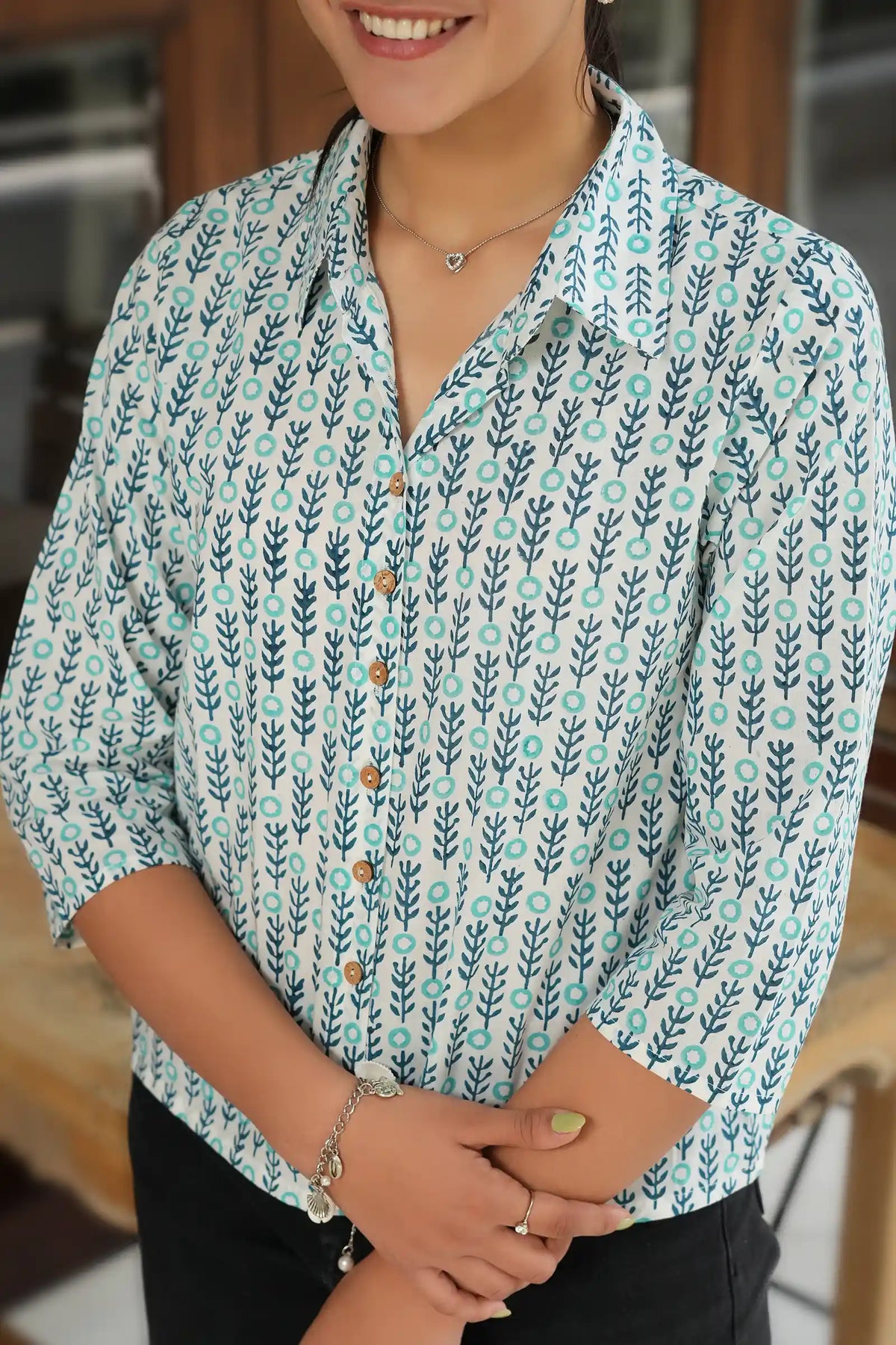 Aditi women’s teal shirt with artisanal block print