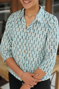 Aditi women’s teal shirt with artisanal block print