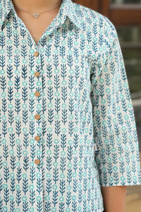 Handcrafted teal shirt – Aditi hand block printing