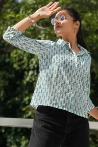 Aditi teal shirt with traditional hand block print