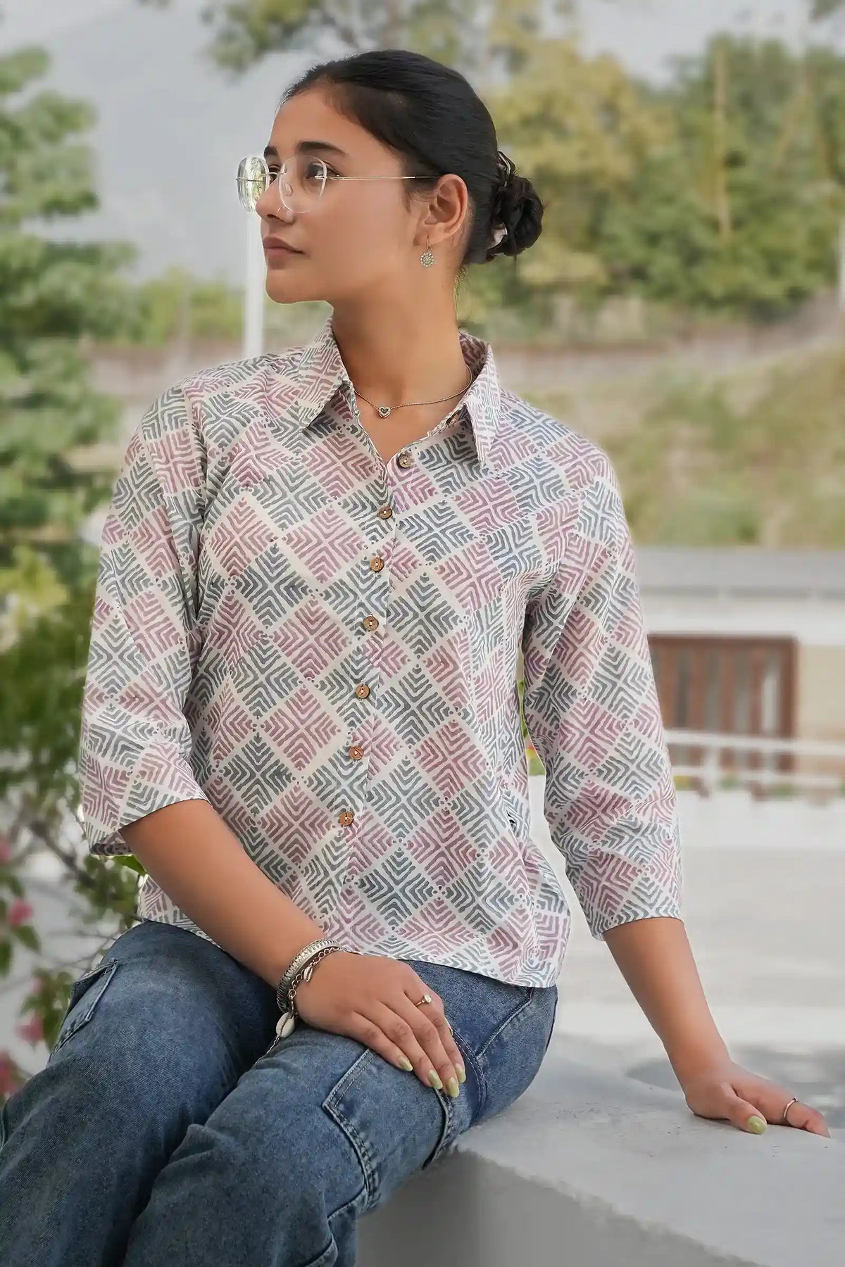 Casual handcrafted Aditi grey cotton shirt for summer