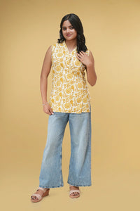 Model styling Meher Yellow Tie-Up Top with denim