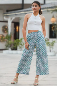 Teal geometric culottes with hand block print design